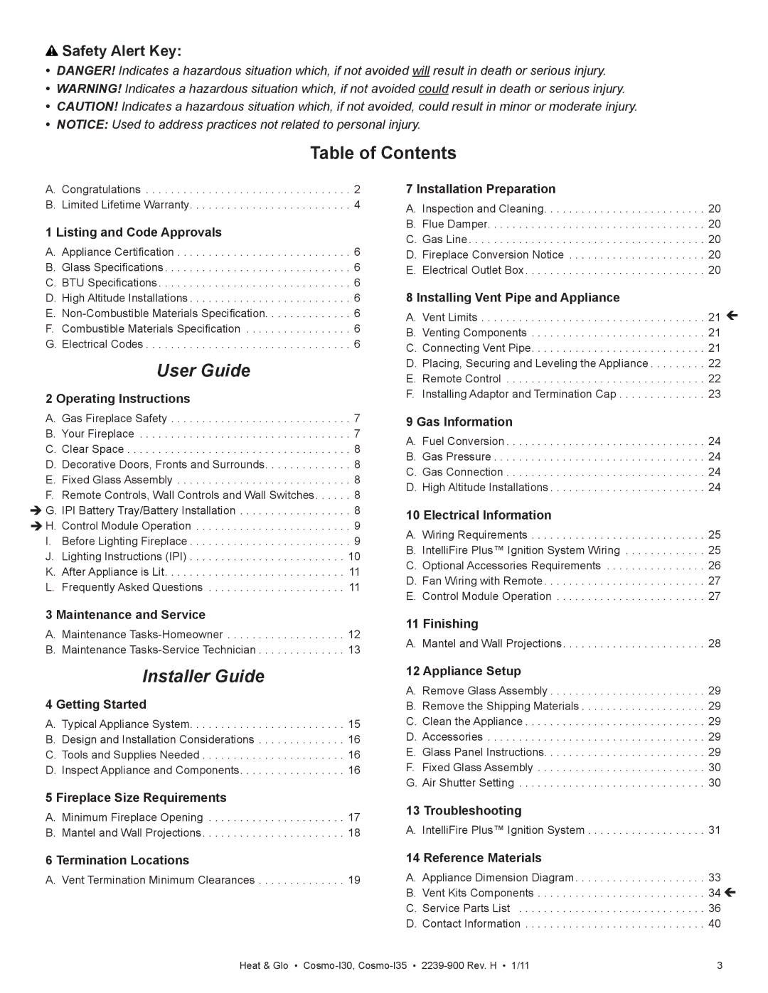 Heat & Glo LifeStyle Cosmo-130 owner manual Table of Contents, User Guide 