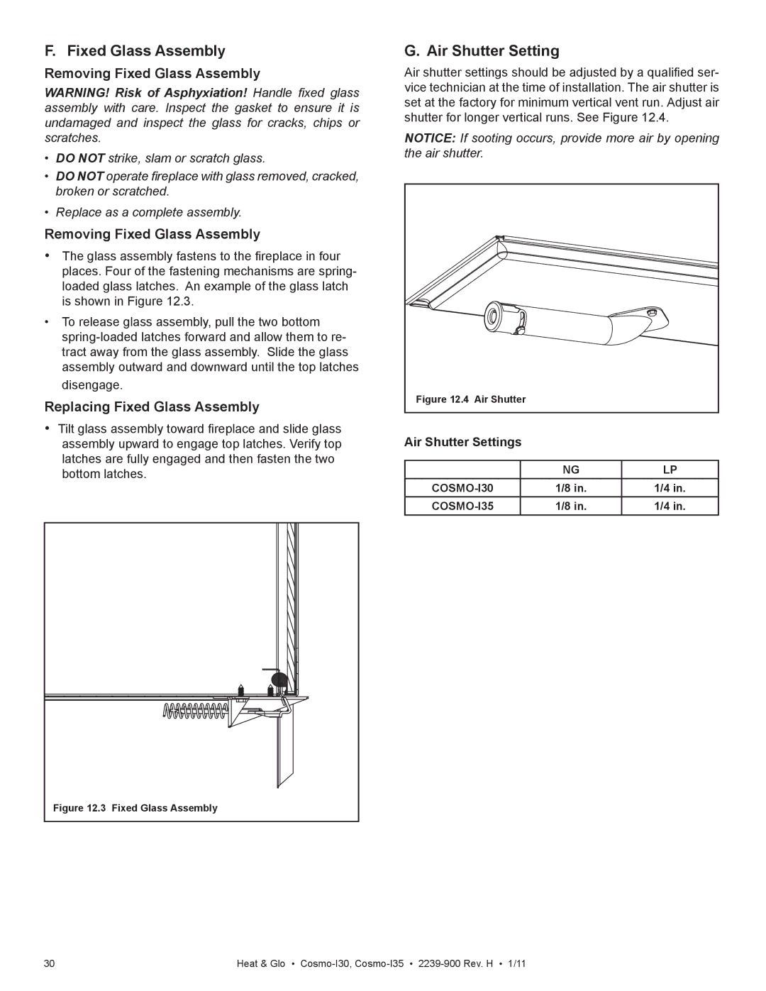 Heat & Glo LifeStyle Cosmo-130 owner manual Air Shutter Settings, COSMO-I30 COSMO-I35 