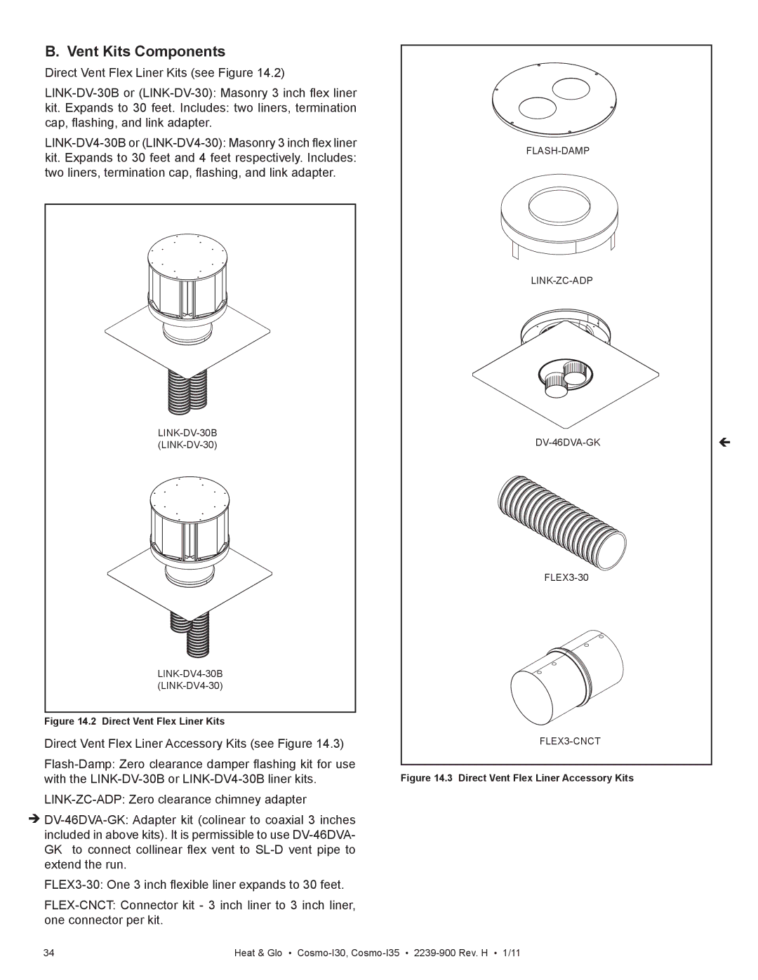 Heat & Glo LifeStyle Cosmo-130 owner manual Vent Kits Components, Direct Vent Flex Liner Kits 