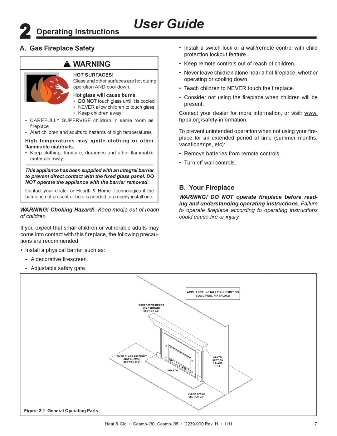 Heat & Glo LifeStyle Cosmo-130 owner manual Operating Instructions User Guide, Gas Fireplace Safety, Your Fireplace 