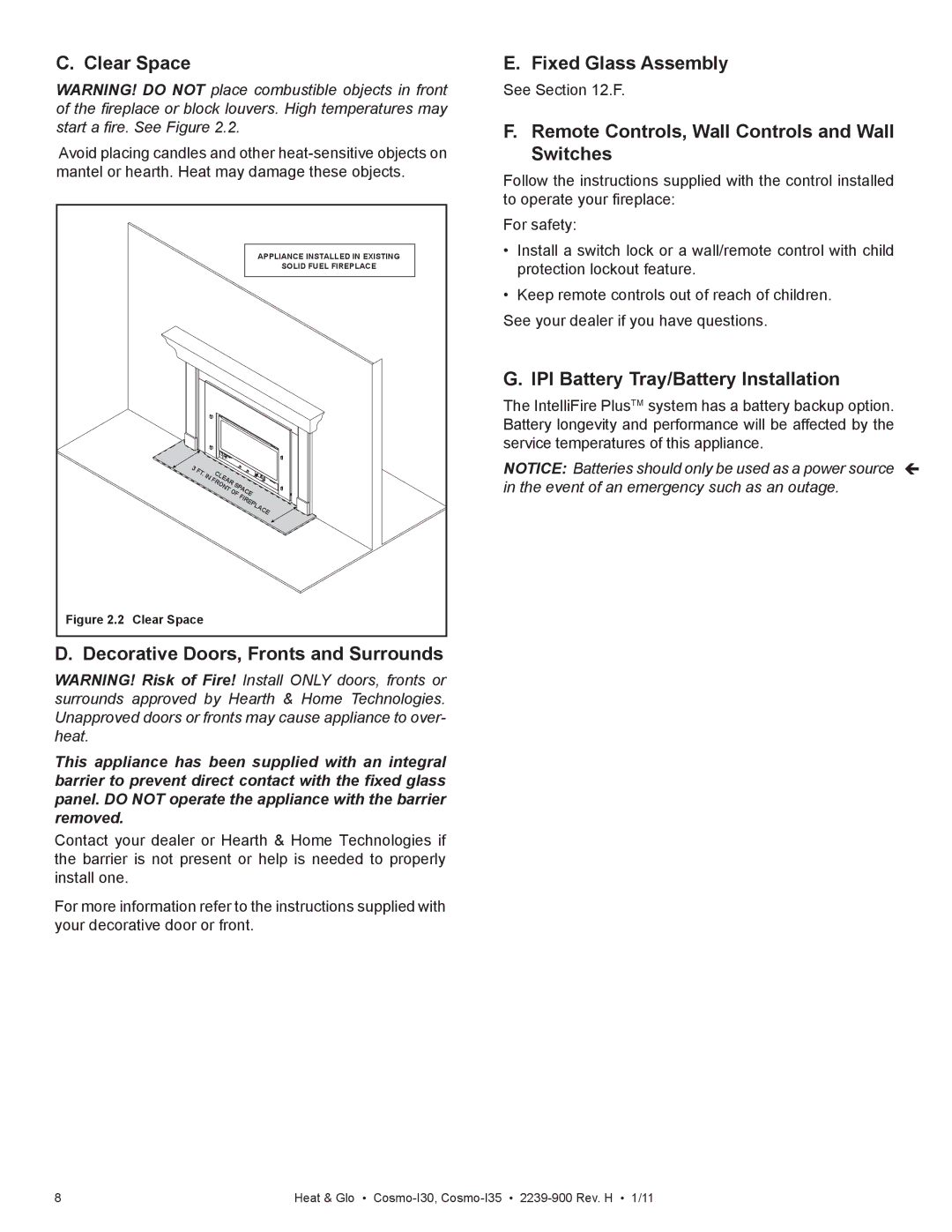 Heat & Glo LifeStyle Cosmo-130 owner manual Clear Space, Decorative Doors, Fronts and Surrounds, Fixed Glass Assembly 