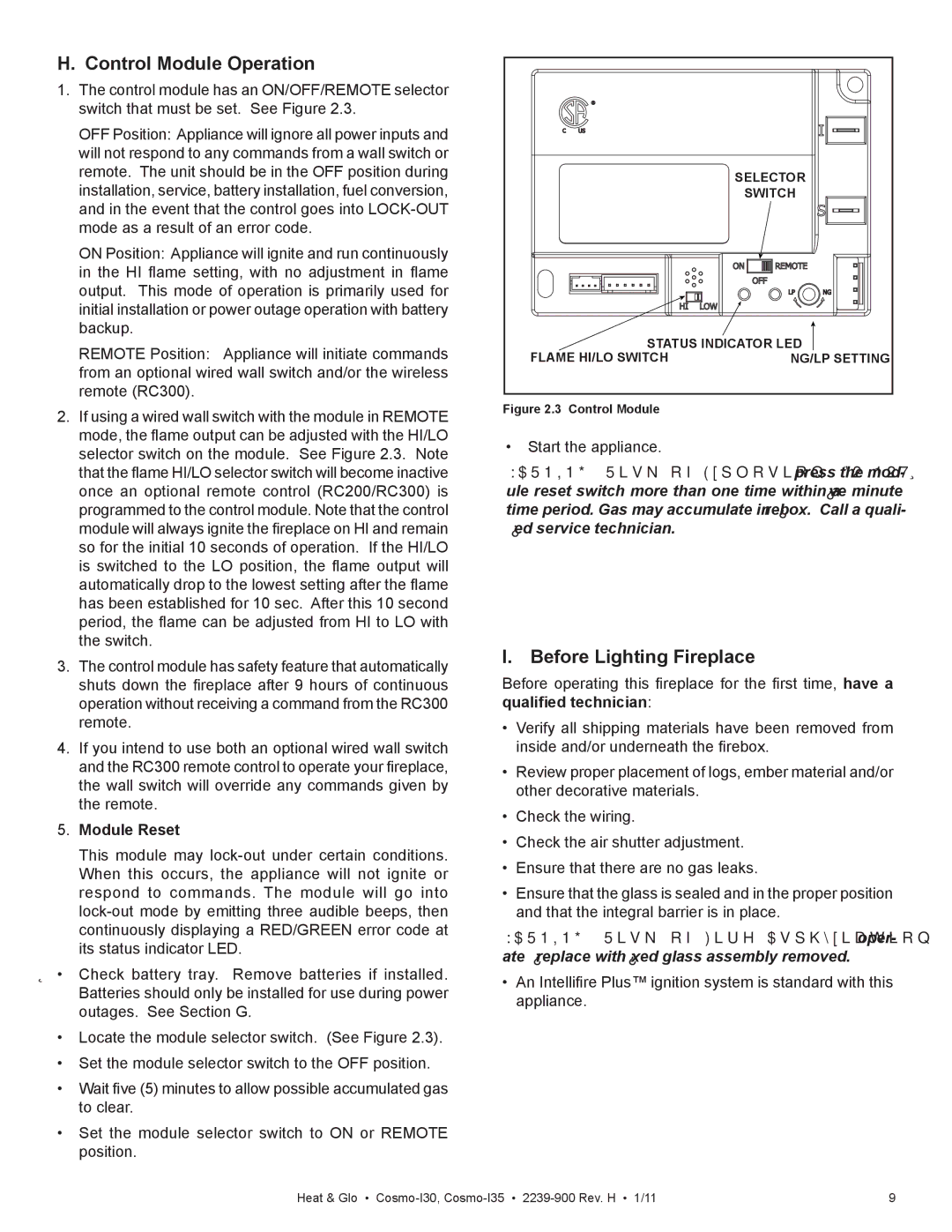 Heat & Glo LifeStyle Cosmo-130 owner manual Control Module Operation, Before Lighting Fireplace, Module Reset 