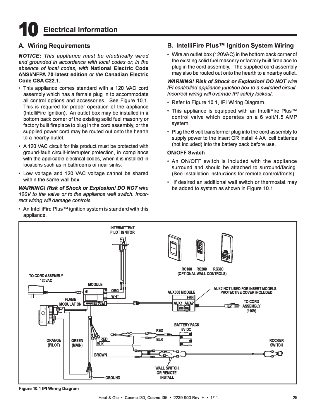 Heat & Glo LifeStyle Cosmo-130 Electrical Information, A. Wiring Requirements, B. IntelliFire Plus Ignition System Wiring 