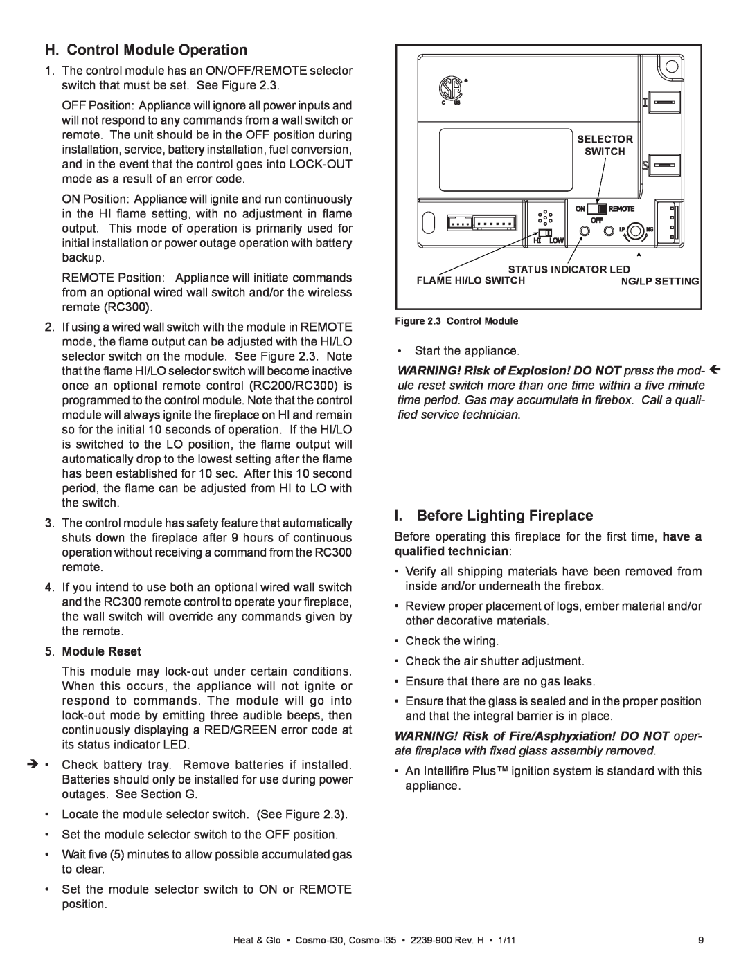 Heat & Glo LifeStyle Cosmo-130 owner manual H. Control Module Operation, I. Before Lighting Fireplace, Module Reset 