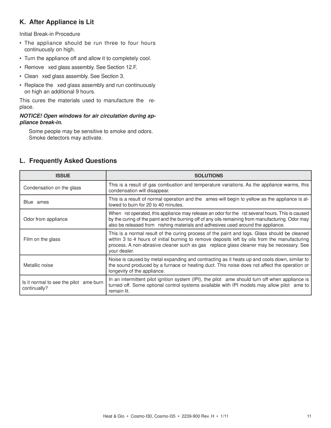 Heat & Glo LifeStyle COSMO-I30, COSMO-I35 owner manual After Appliance is Lit, Frequently Asked Questions 