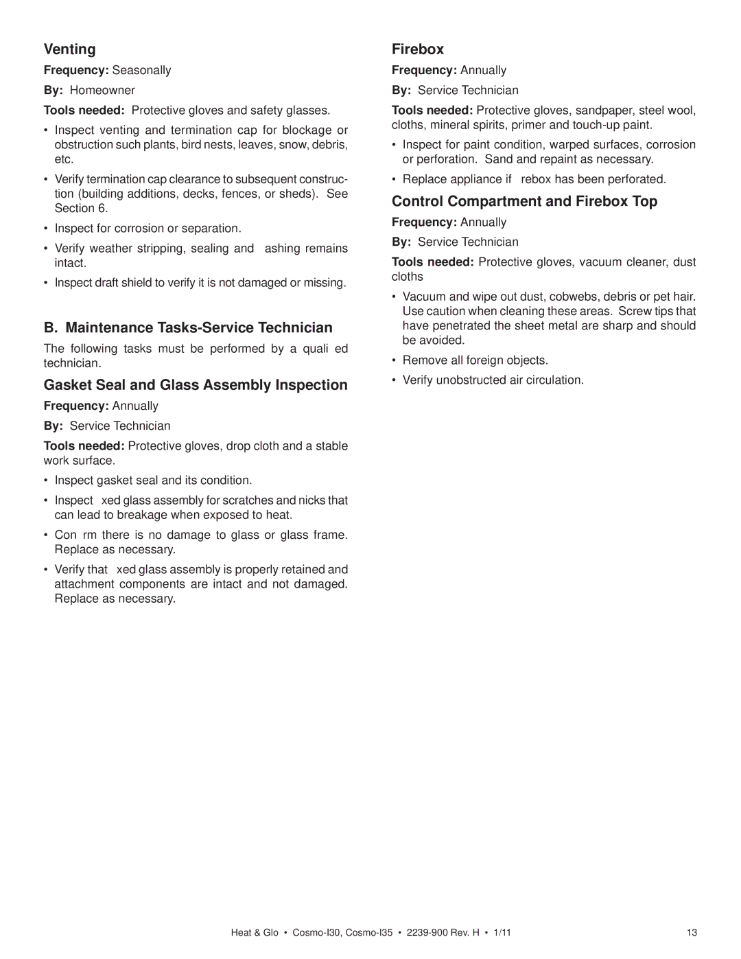 Heat & Glo LifeStyle COSMO-I30 Venting, Maintenance Tasks-Service Technician, Gasket Seal and Glass Assembly Inspection 