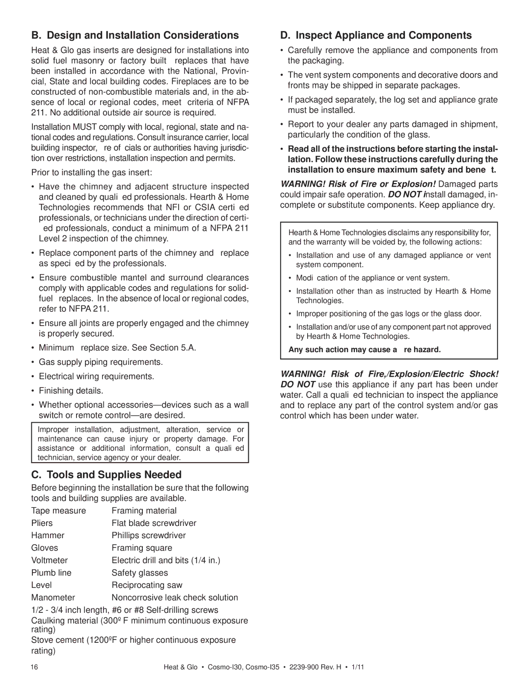 Heat & Glo LifeStyle COSMO-I35, COSMO-I30 owner manual Design and Installation Considerations, Tools and Supplies Needed 