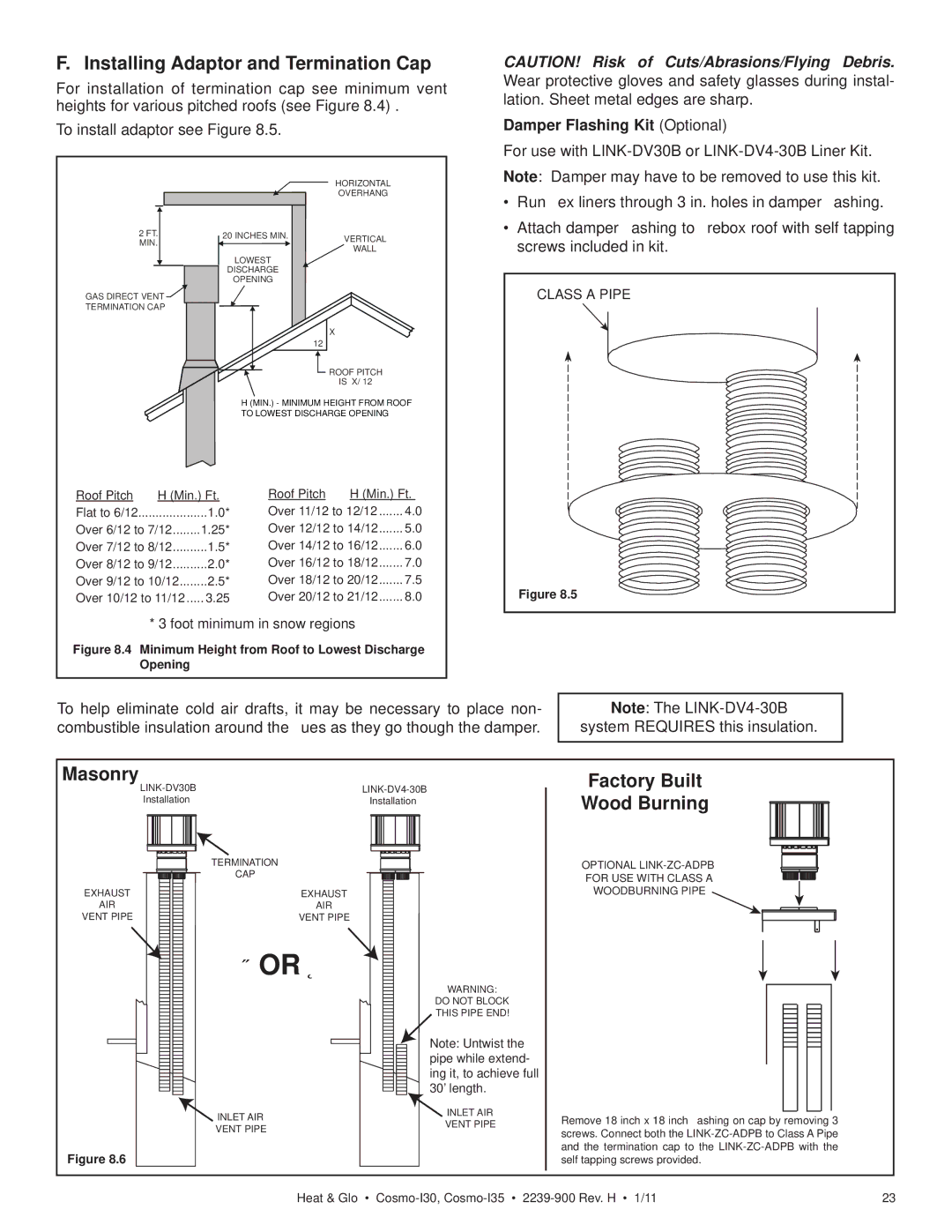 Heat & Glo LifeStyle COSMO-I30, COSMO-I35 Installing Adaptor and Termination Cap, Masonry, Factory Built Wood Burning 