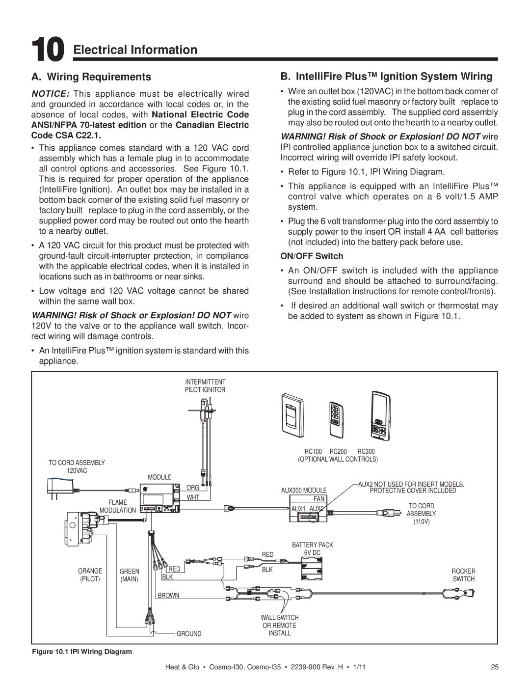 Heat & Glo LifeStyle COSMO-I30 Electrical Information, Wiring Requirements, IntelliFire Plus Ignition System Wiring 