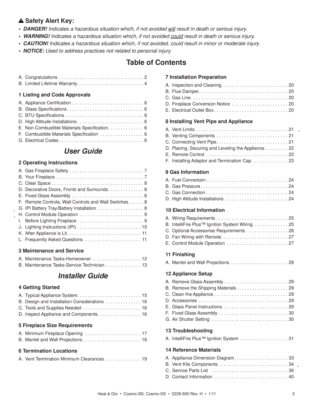 Heat & Glo LifeStyle COSMO-I30, COSMO-I35 owner manual Table of Contents, User Guide 