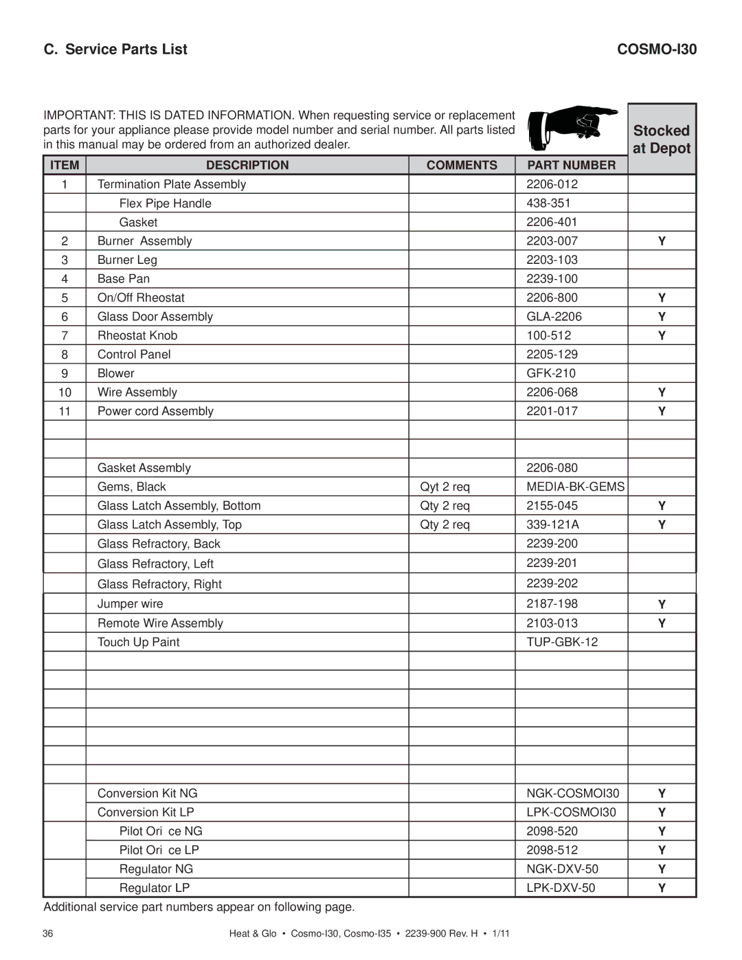 Heat & Glo LifeStyle COSMO-I35, COSMO-I30 owner manual Service Parts List, At Depot 