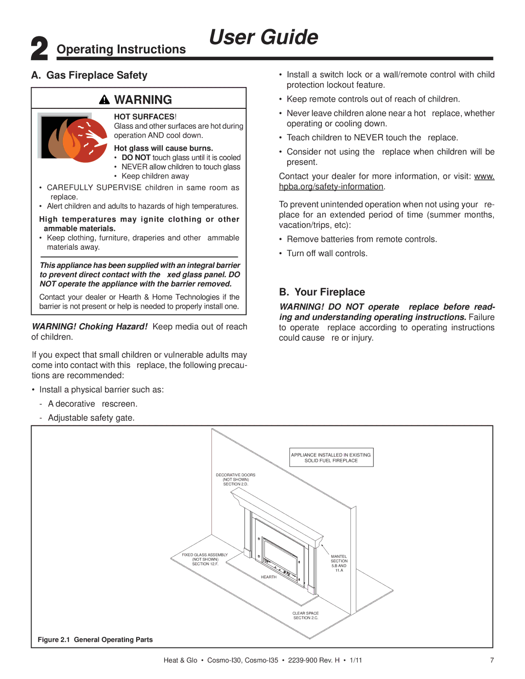 Heat & Glo LifeStyle COSMO-I30, COSMO-I35 Operating Instructions User Guide, Gas Fireplace Safety, Your Fireplace 