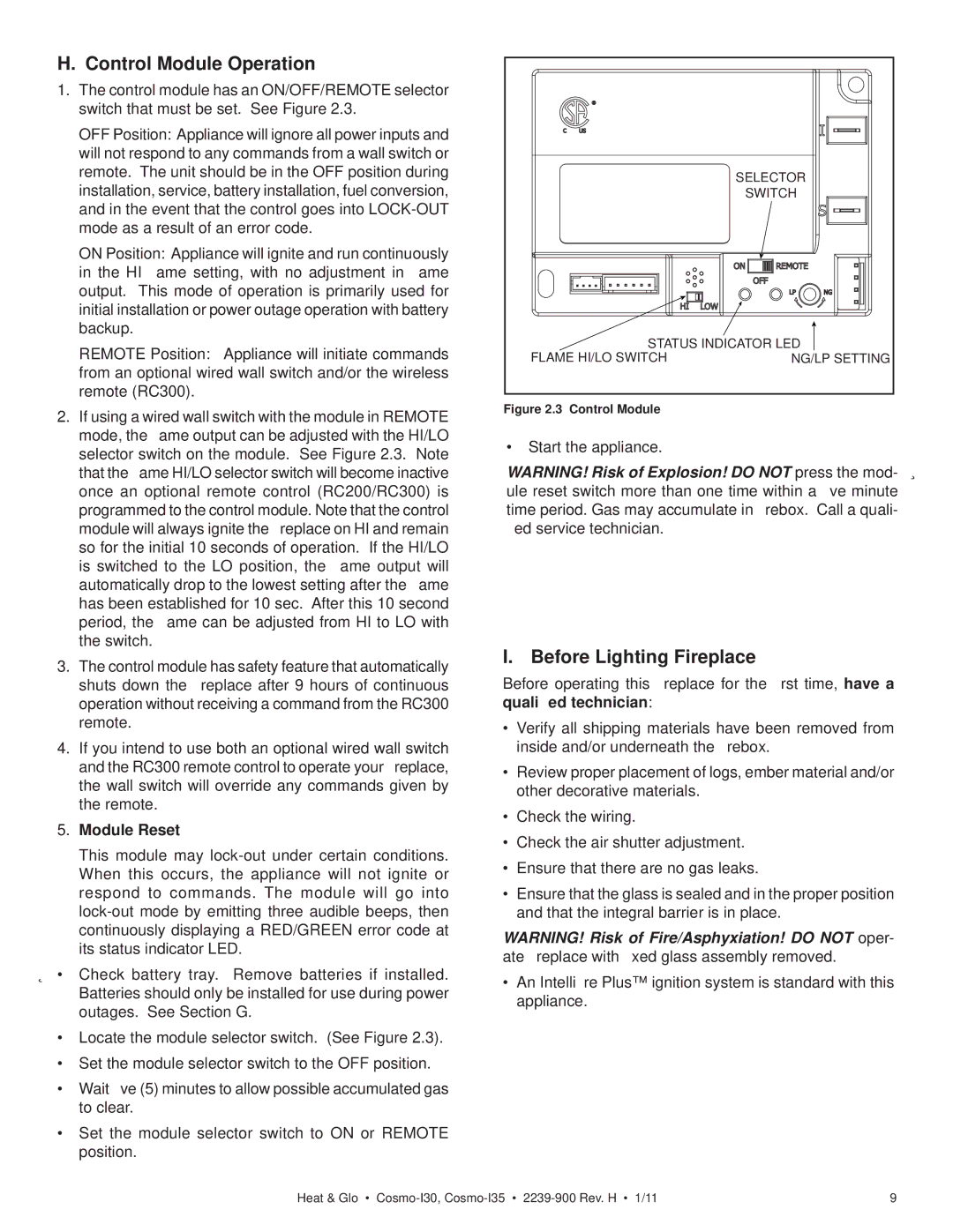 Heat & Glo LifeStyle COSMO-I30, COSMO-I35 owner manual Control Module Operation, Before Lighting Fireplace, Module Reset 