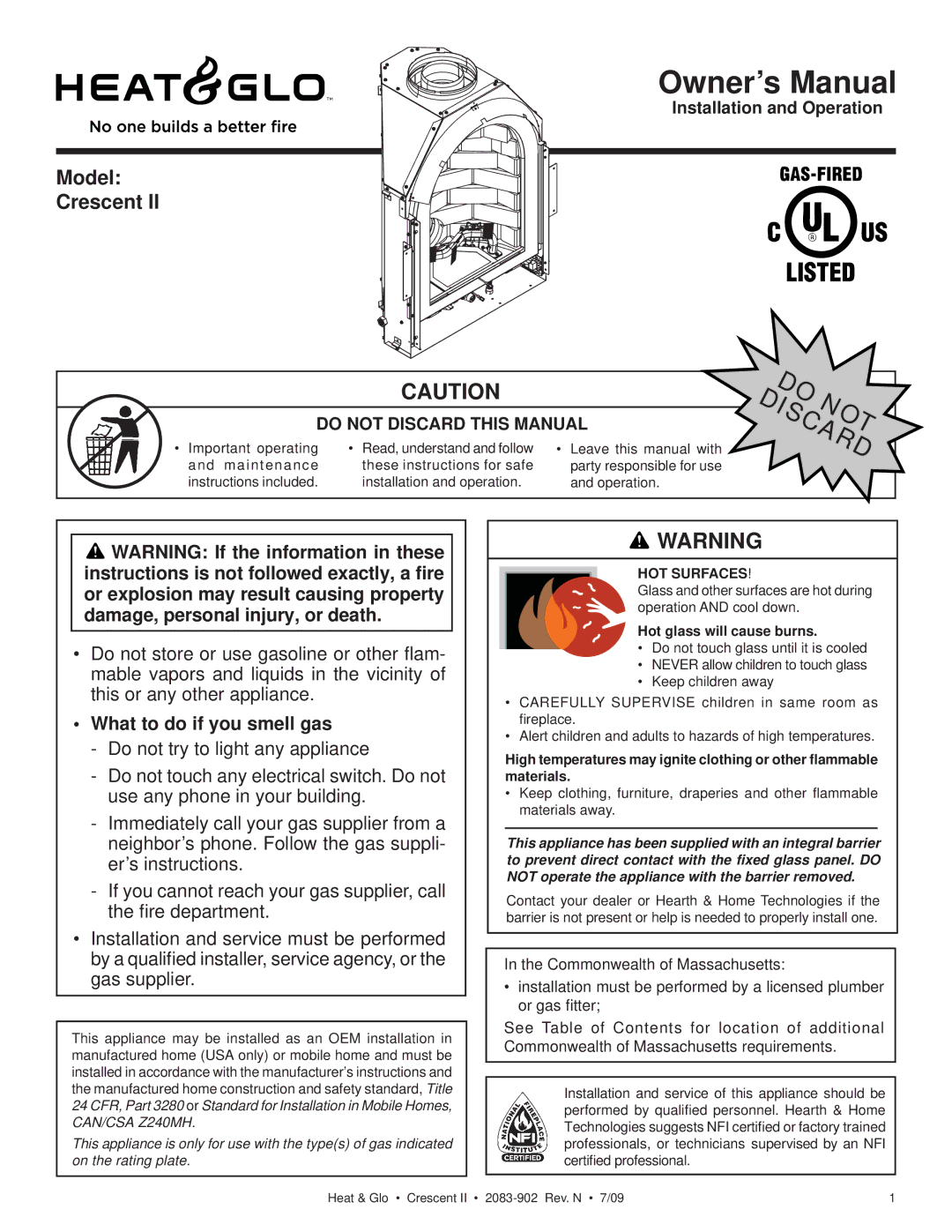 Heat & Glo LifeStyle CRESCENT II owner manual What to do if you smell gas, Hot glass will cause burns 