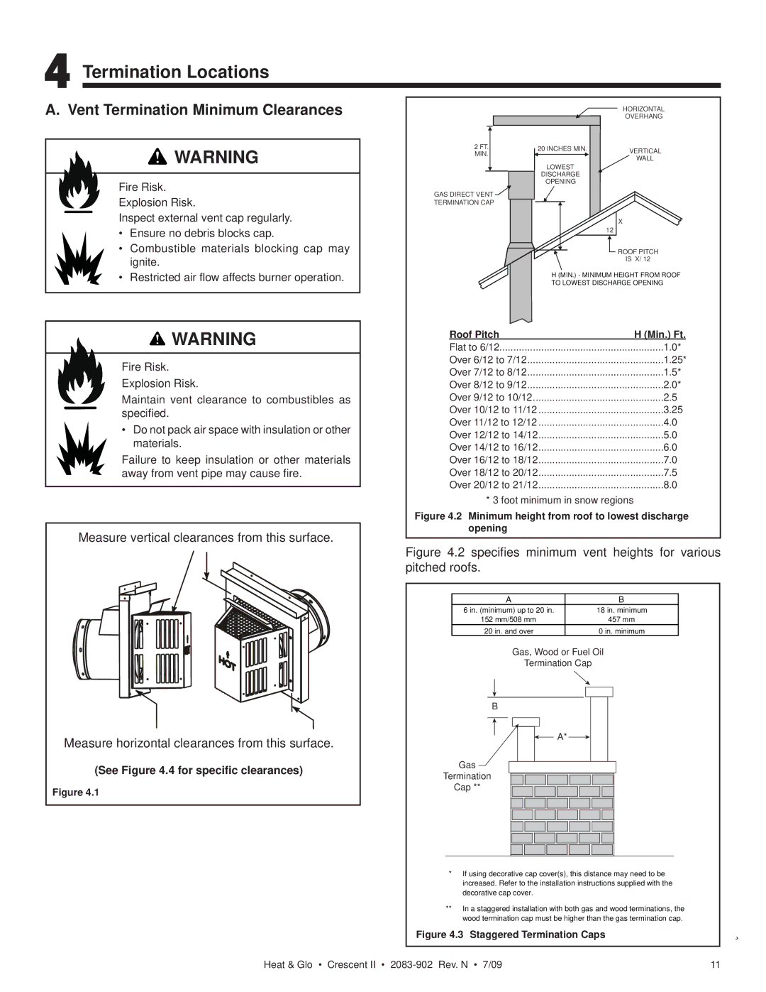 Heat & Glo LifeStyle CRESCENT II Termination Locations, Vent Termination Minimum Clearances, See .4 for speciﬁc clearances 