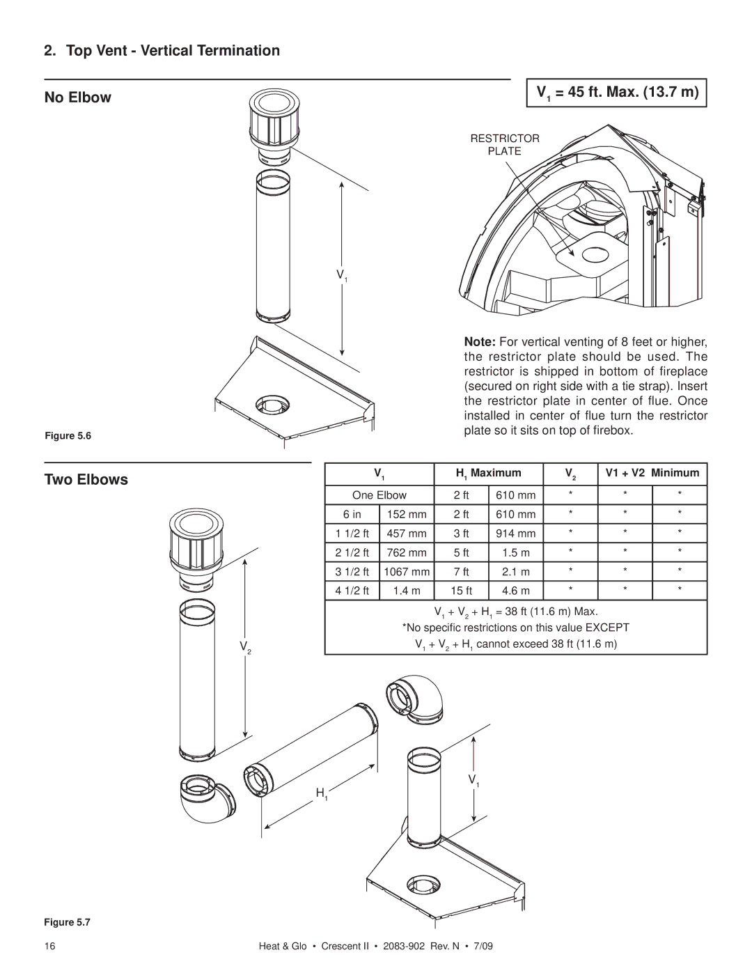 Heat & Glo LifeStyle CRESCENT II owner manual Restrictor Plate, H1 Maximum V1 + V2 Minimum 