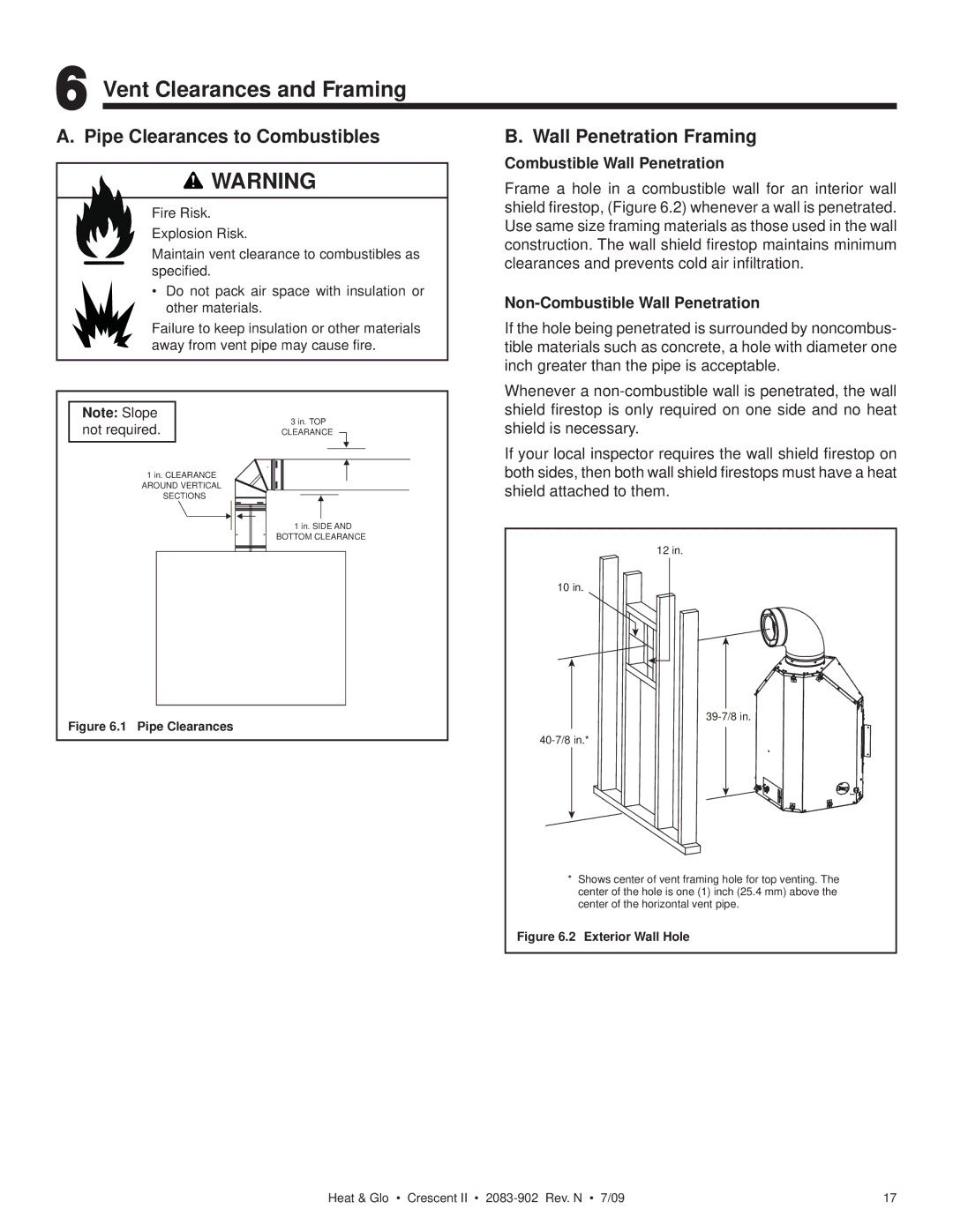 Heat & Glo LifeStyle CRESCENT II Vent Clearances and Framing, Pipe Clearances to Combustibles, Wall Penetration Framing 