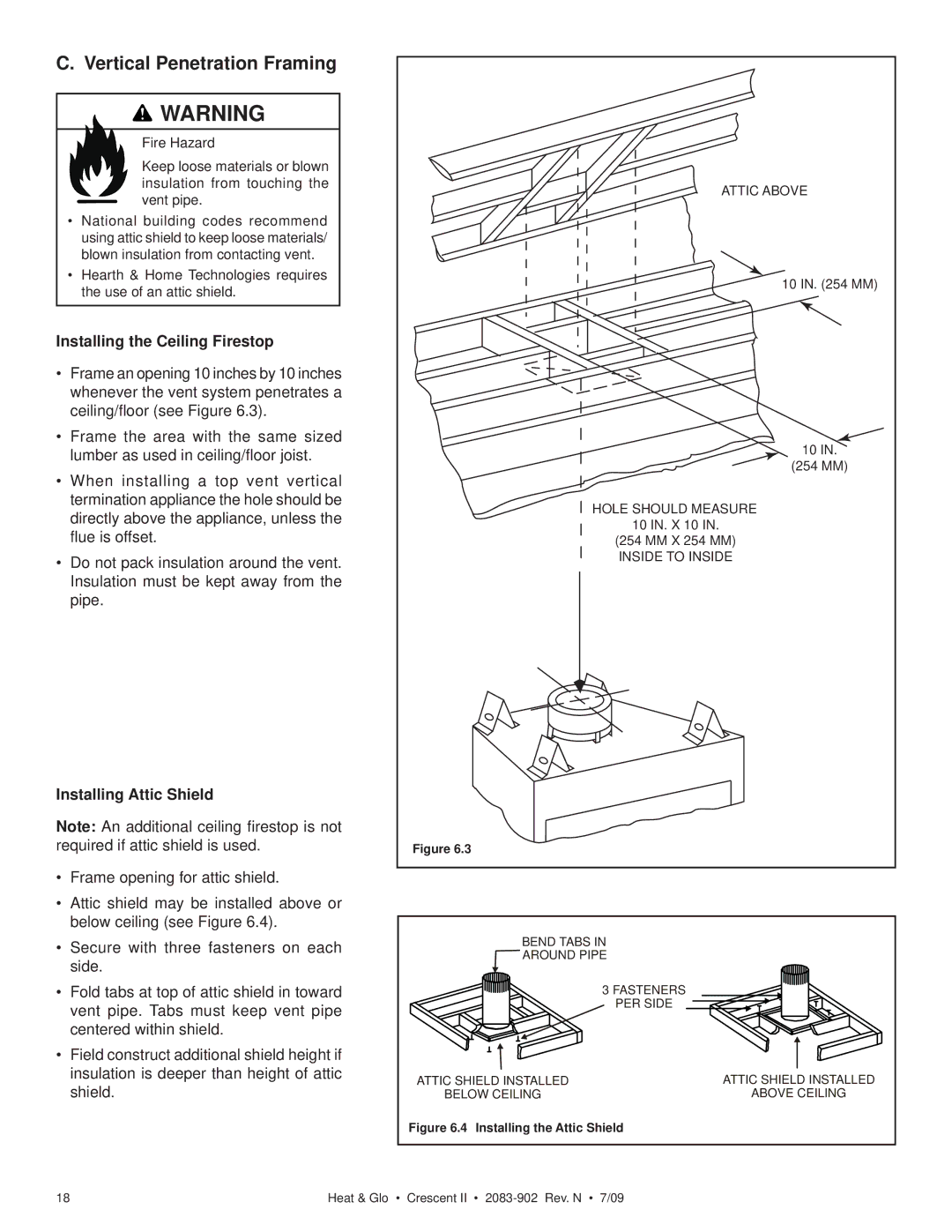 Heat & Glo LifeStyle CRESCENT II Vertical Penetration Framing, Installing the Ceiling Firestop, Installing Attic Shield 