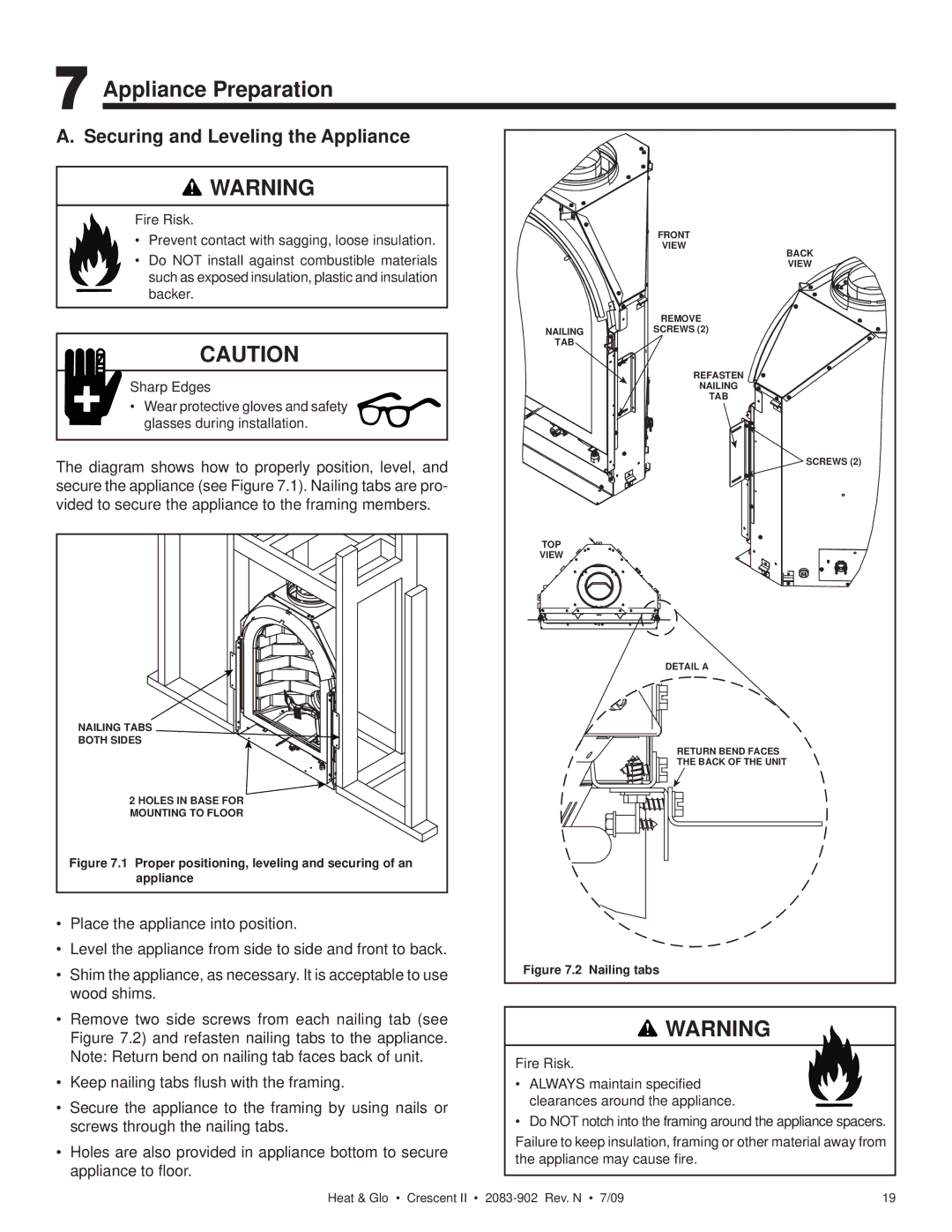 Heat & Glo LifeStyle CRESCENT II owner manual Appliance Preparation, Securing and Leveling the Appliance 