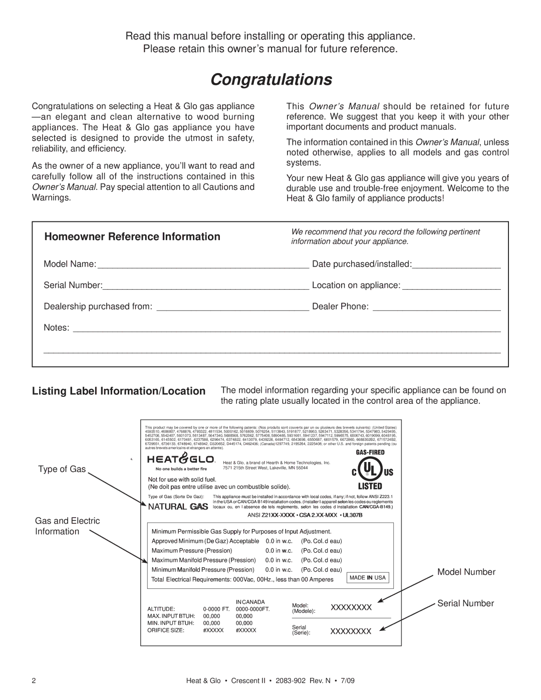 Heat & Glo LifeStyle CRESCENT II owner manual Congratulations, Homeowner Reference Information 