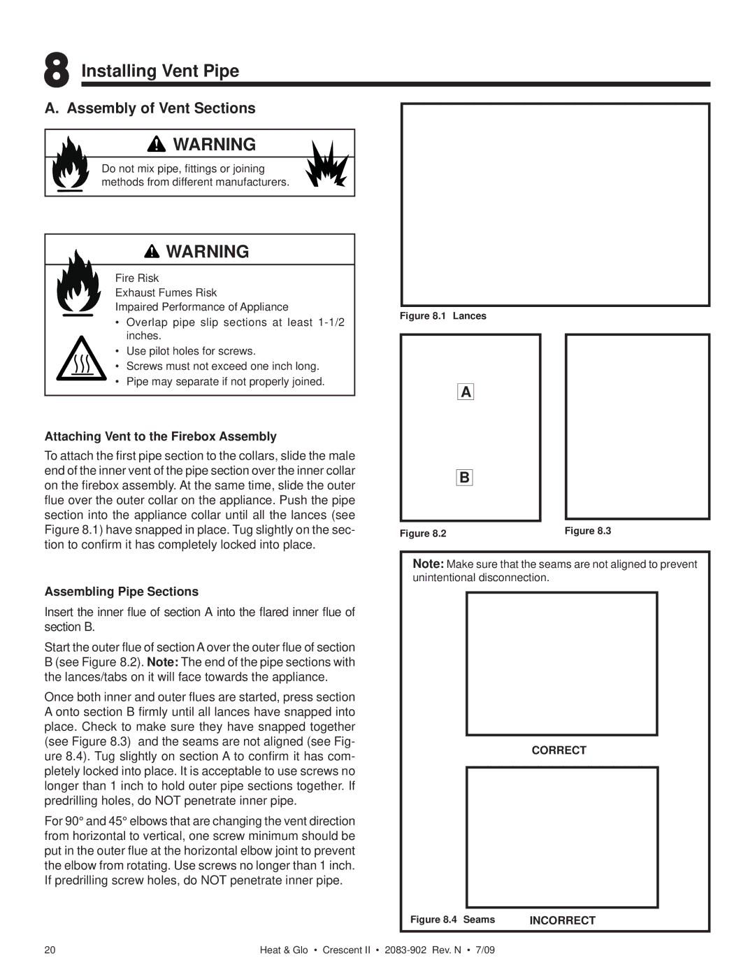 Heat & Glo LifeStyle CRESCENT II Installing Vent Pipe, Assembly of Vent Sections, Attaching Vent to the Firebox Assembly 