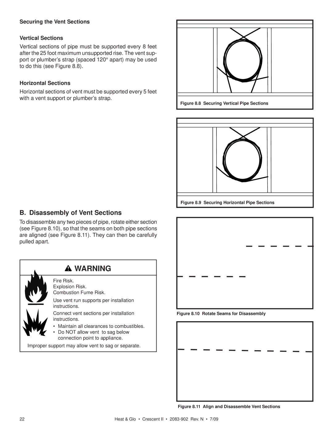 Heat & Glo LifeStyle CRESCENT II owner manual Disassembly of Vent Sections, Securing the Vent Sections Vertical Sections 