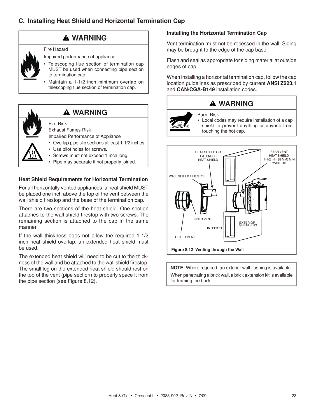 Heat & Glo LifeStyle CRESCENT II owner manual Installing Heat Shield and Horizontal Termination Cap 