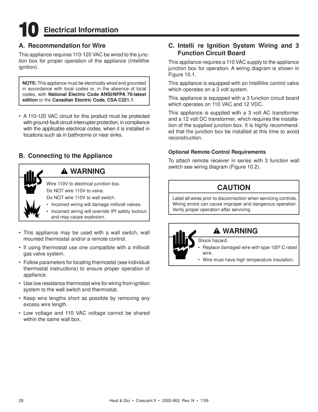 Heat & Glo LifeStyle CRESCENT II owner manual Electrical Information, Recommendation for Wire, Connecting to the Appliance 