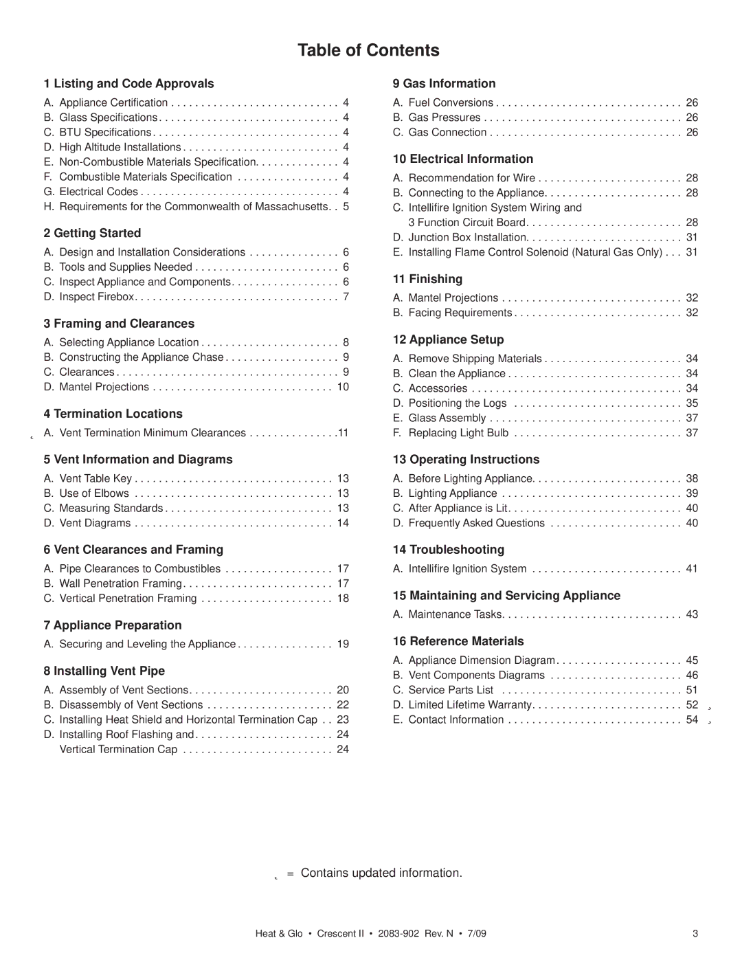 Heat & Glo LifeStyle CRESCENT II owner manual Table of Contents 