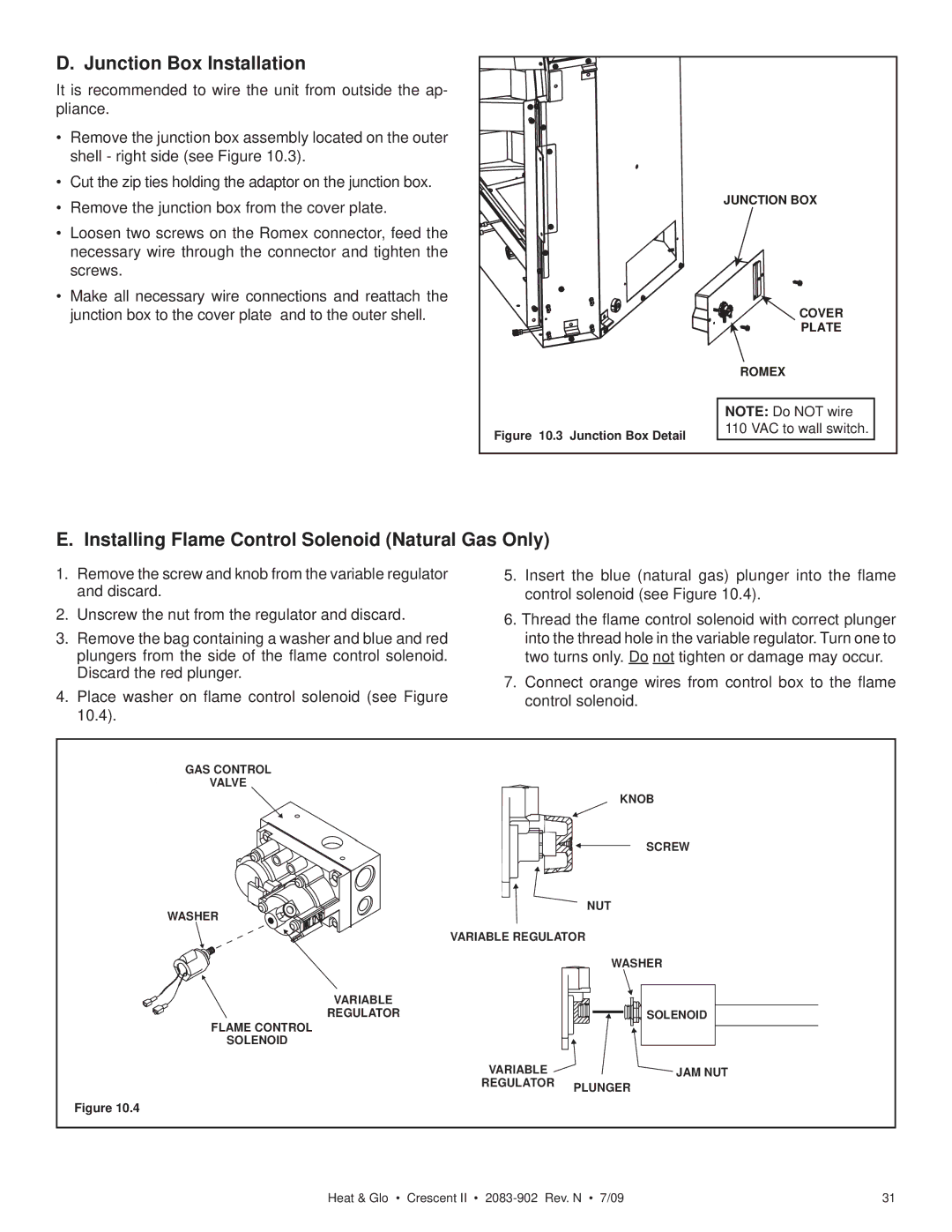 Heat & Glo LifeStyle CRESCENT II owner manual Junction Box Installation, Installing Flame Control Solenoid Natural Gas Only 