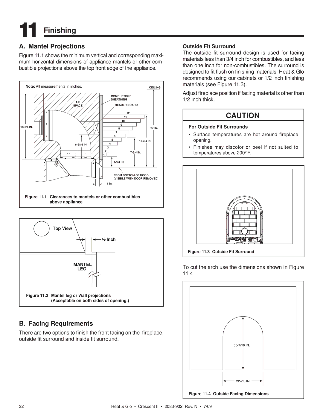 Heat & Glo LifeStyle CRESCENT II owner manual Finishing, Facing Requirements, For Outside Fit Surrounds 