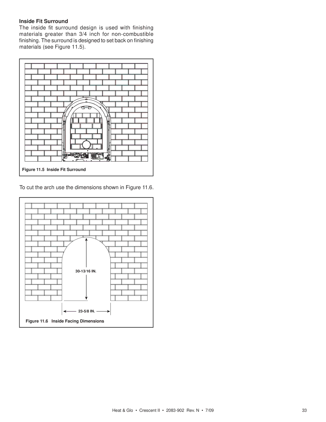 Heat & Glo LifeStyle CRESCENT II owner manual Inside Fit Surround, Inside Facing Dimensions 