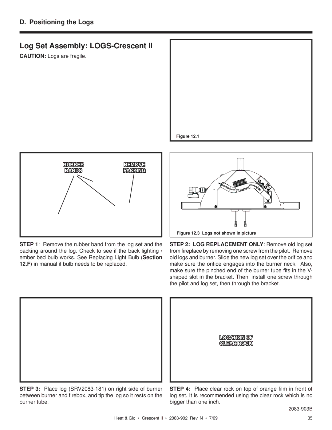 Heat & Glo LifeStyle CRESCENT II owner manual Log Set Assembly LOGS-Crescent, Positioning the Logs 