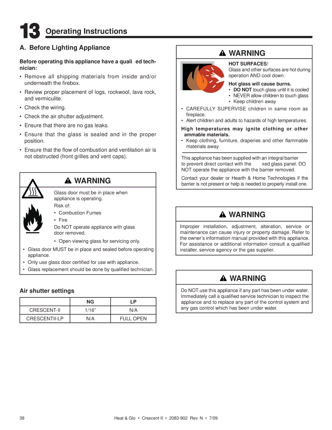 Heat & Glo LifeStyle CRESCENT II owner manual Operating Instructions, Before Lighting Appliance 