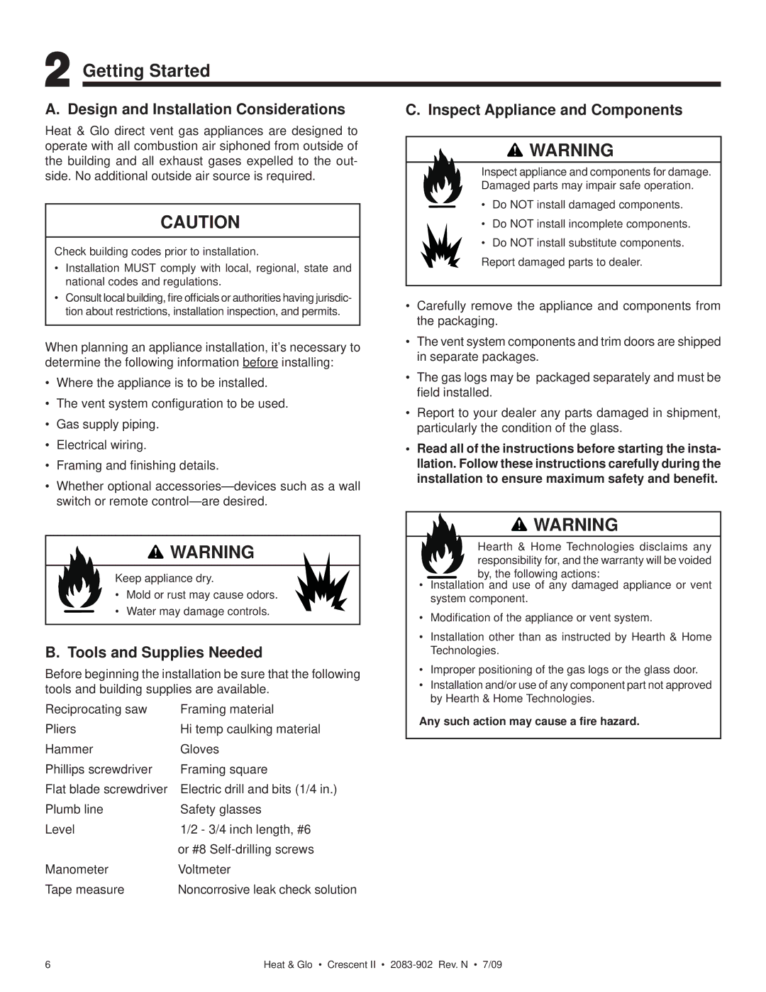 Heat & Glo LifeStyle CRESCENT II Getting Started, Design and Installation Considerations, Inspect Appliance and Components 