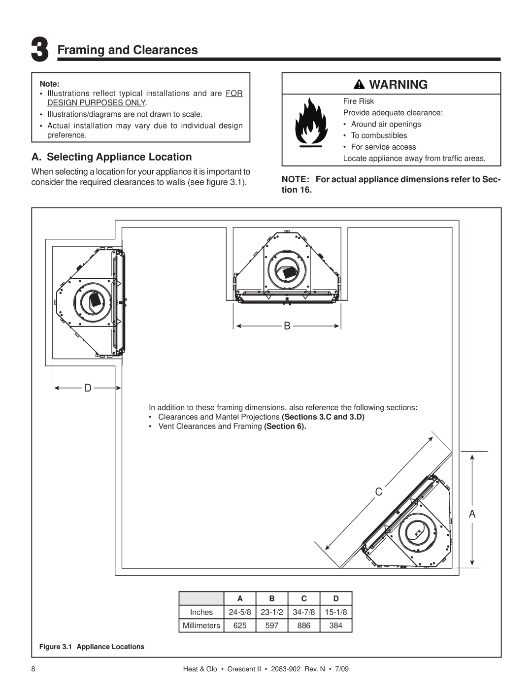 Heat & Glo LifeStyle CRESCENT II owner manual Framing and Clearances, Selecting Appliance Location 