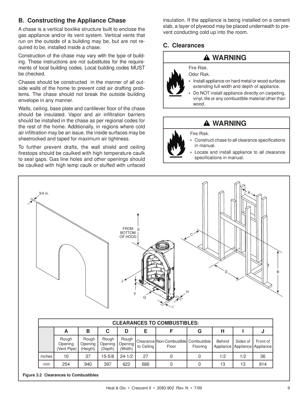 Heat & Glo LifeStyle CRESCENT II owner manual Constructing the Appliance Chase, Clearances 