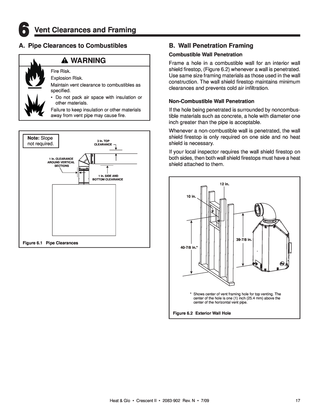 Heat & Glo LifeStyle CRESCENT II owner manual Vent Clearances and Framing, A. Pipe Clearances to Combustibles 