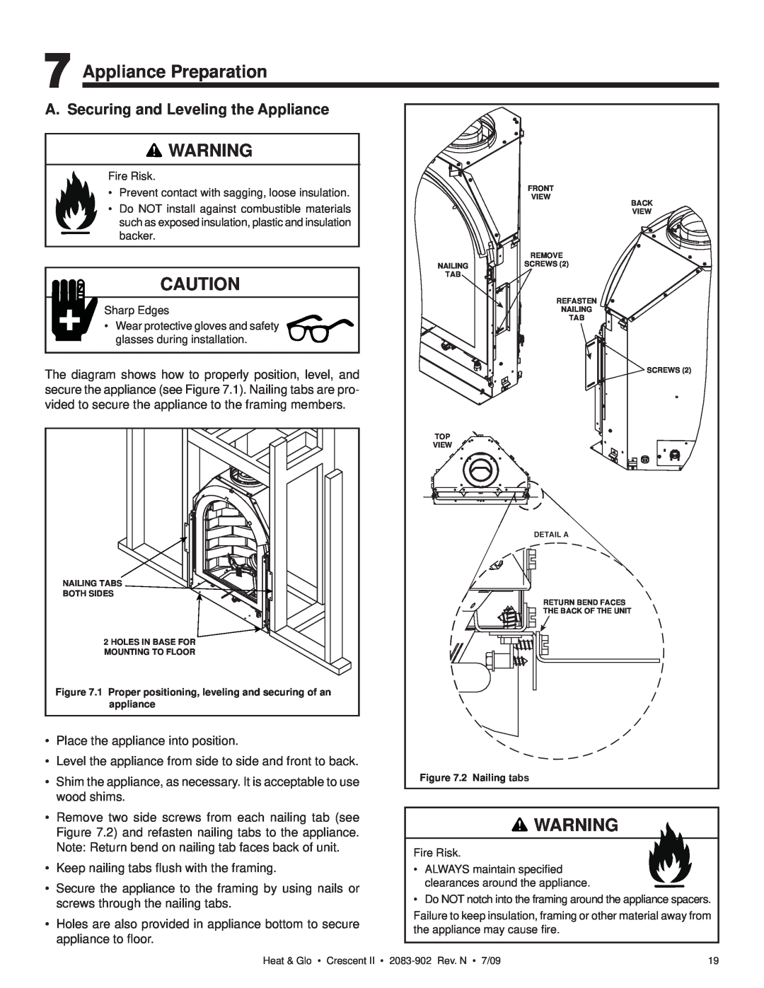 Heat & Glo LifeStyle CRESCENT II owner manual Appliance Preparation, A. Securing and Leveling the Appliance 