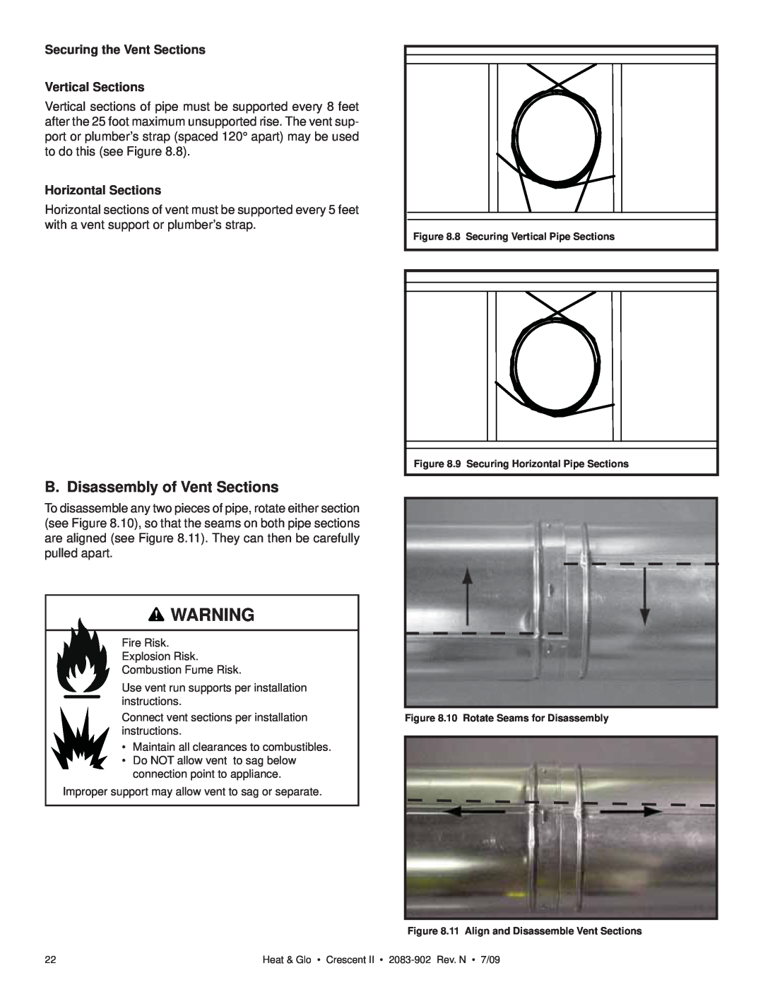 Heat & Glo LifeStyle CRESCENT II owner manual B. Disassembly of Vent Sections, Securing the Vent Sections Vertical Sections 