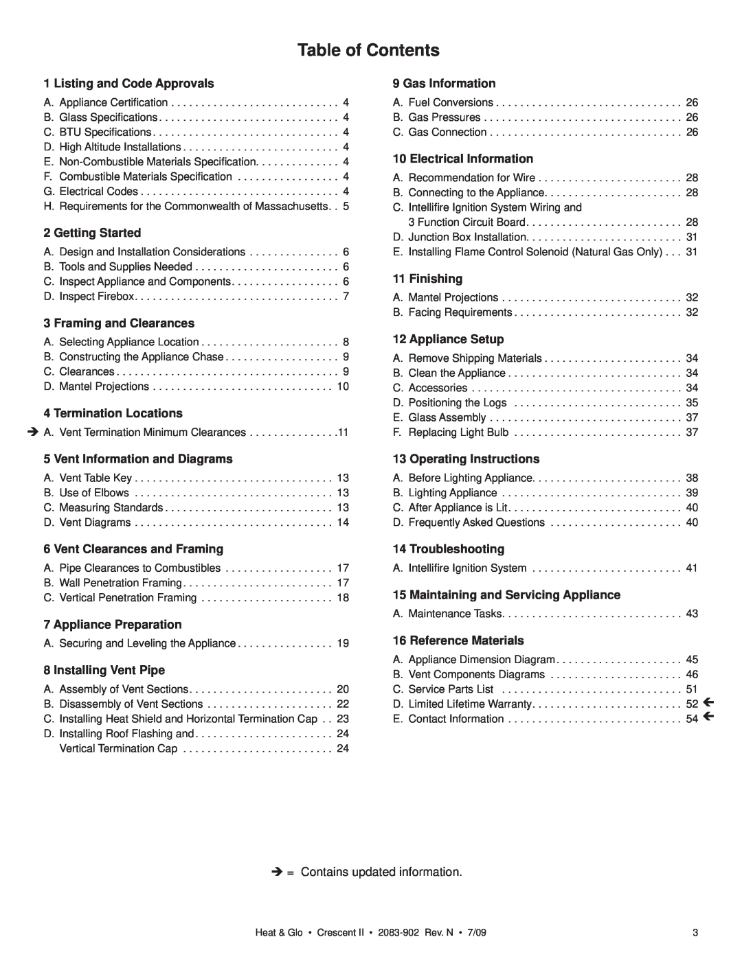 Heat & Glo LifeStyle CRESCENT II owner manual Table of Contents 