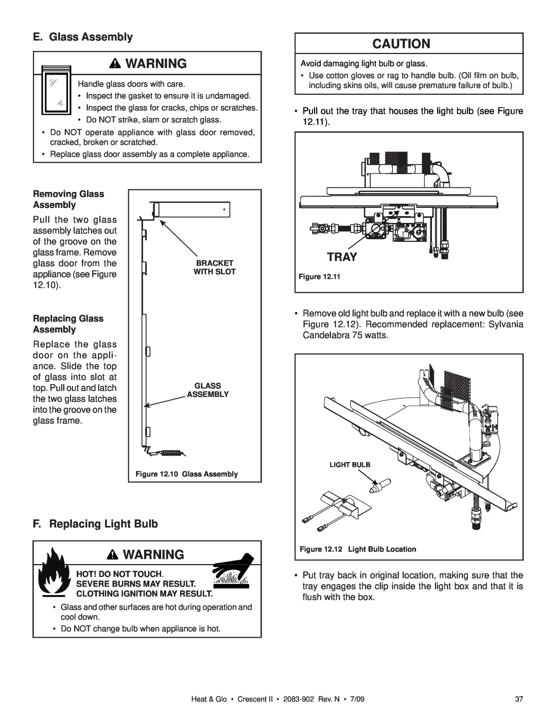 Heat & Glo LifeStyle CRESCENT II owner manual Tray, E. Glass Assembly, F. Replacing Light Bulb 