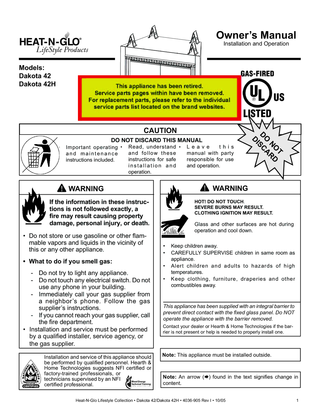 Heat & Glo LifeStyle DAKOTA 42H owner manual Models Dakota Dakota 42H, What to do if you smell gas 