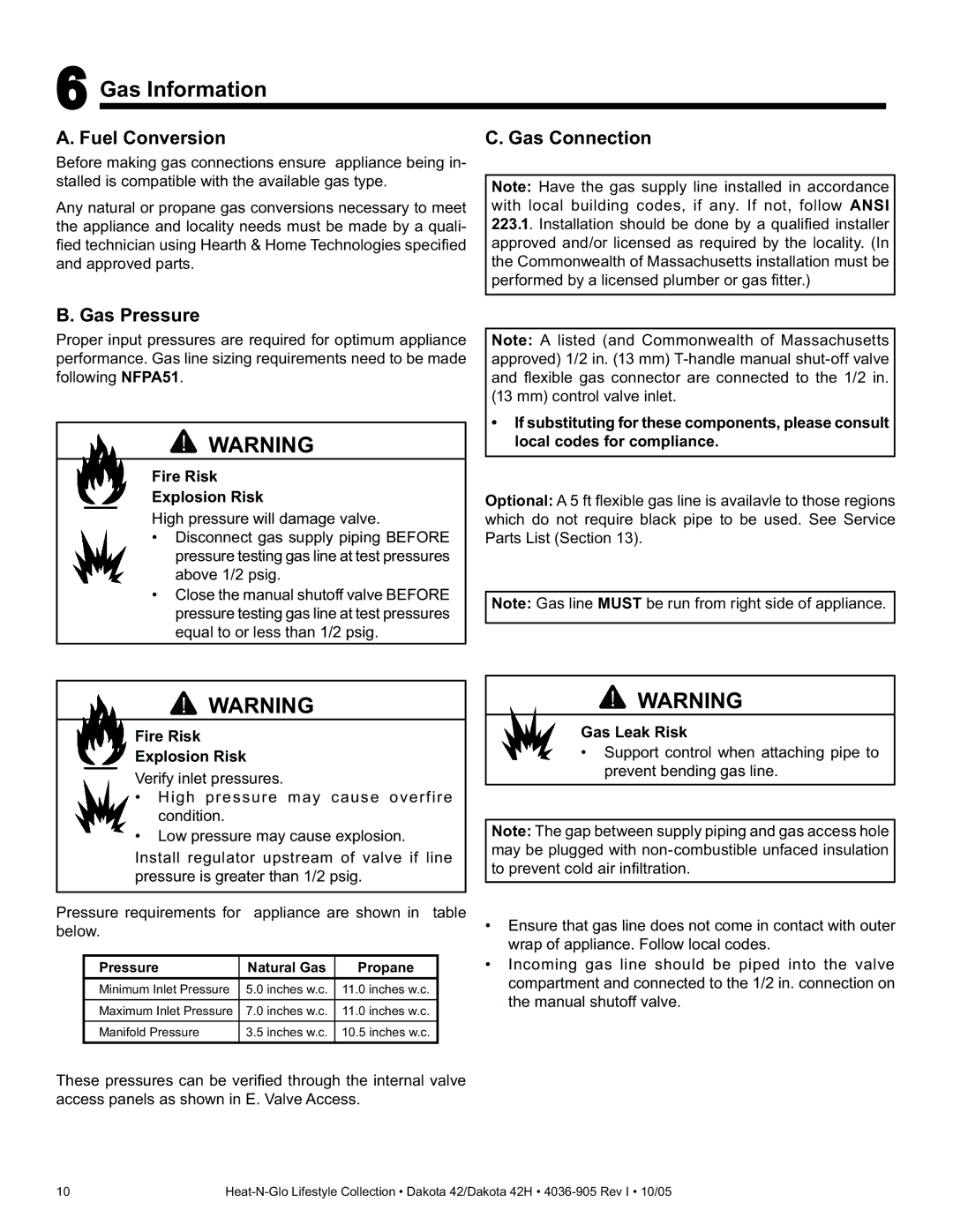 Heat & Glo LifeStyle DAKOTA 42 Gas Information, Fuel Conversion Gas Connection, Gas Pressure, Fire Risk Explosion Risk 