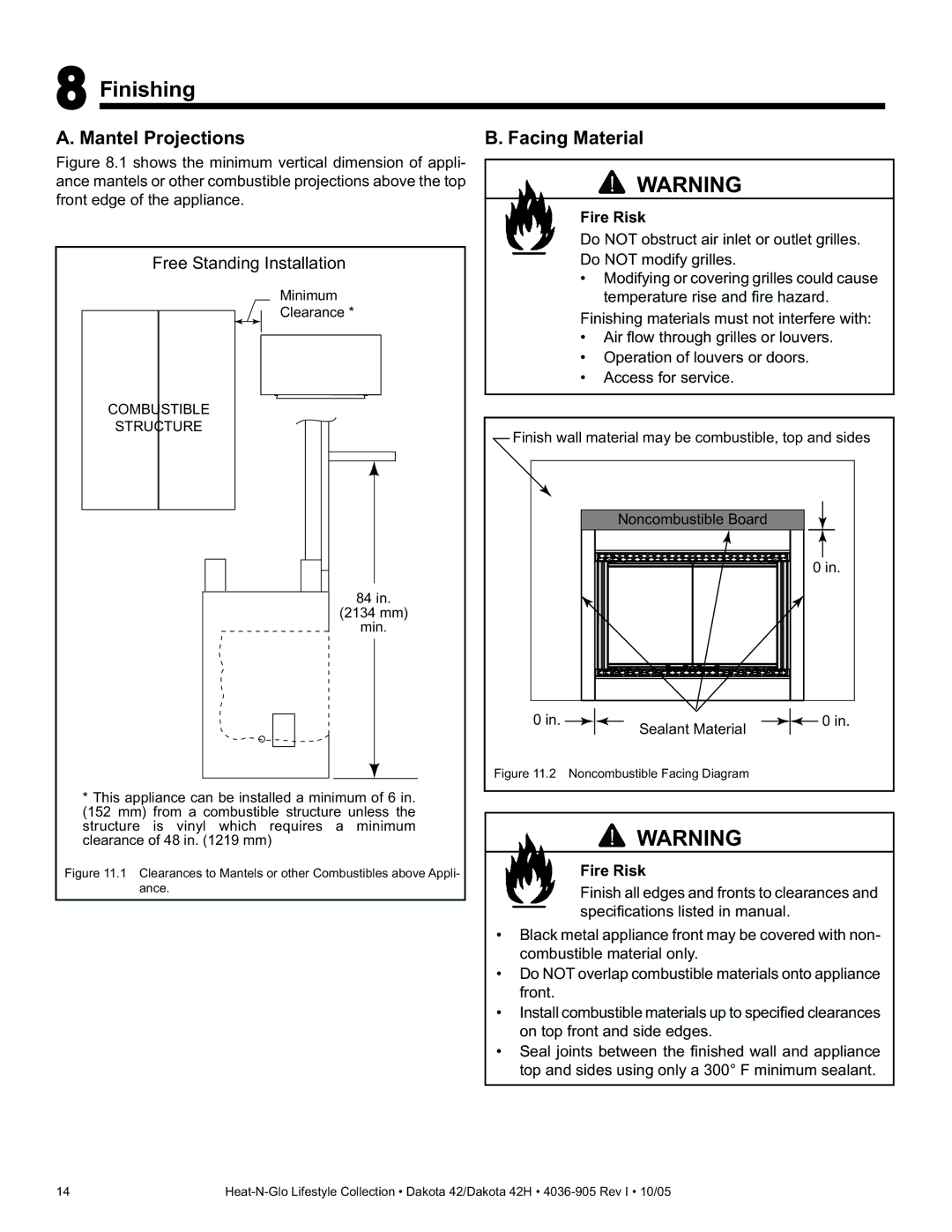 Heat & Glo LifeStyle DAKOTA 42H owner manual Finishing, Facing Material 