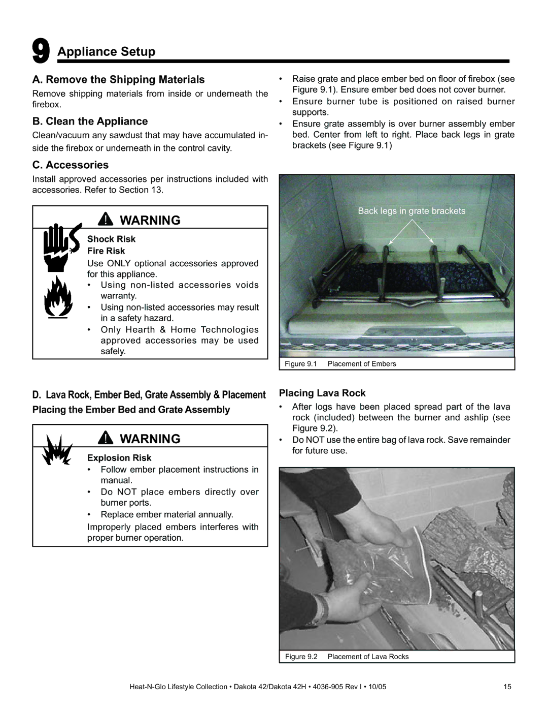 Heat & Glo LifeStyle DAKOTA 42H Appliance Setup, Remove the Shipping Materials, Clean the Appliance, Accessories 