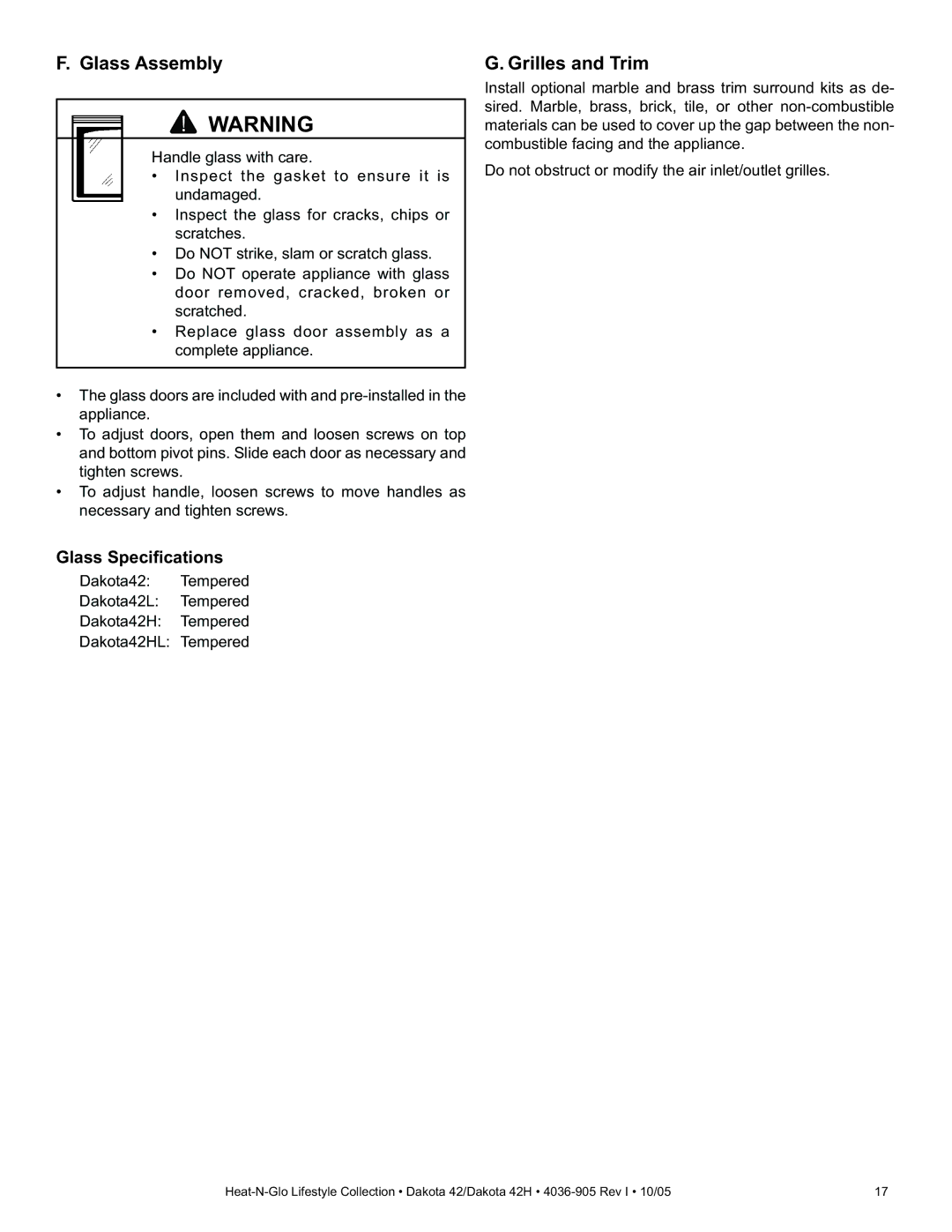 Heat & Glo LifeStyle DAKOTA 42H owner manual Glass Assembly, Grilles and Trim, Glass Speciﬁcations 