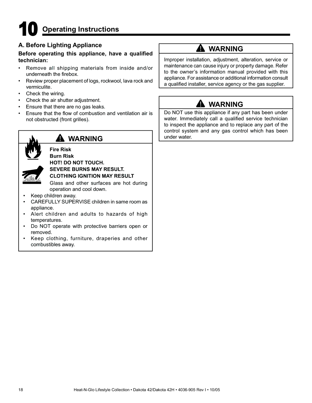 Heat & Glo LifeStyle DAKOTA 42H owner manual Operating Instructions, Before Lighting Appliance, Fire Risk Burn Risk 