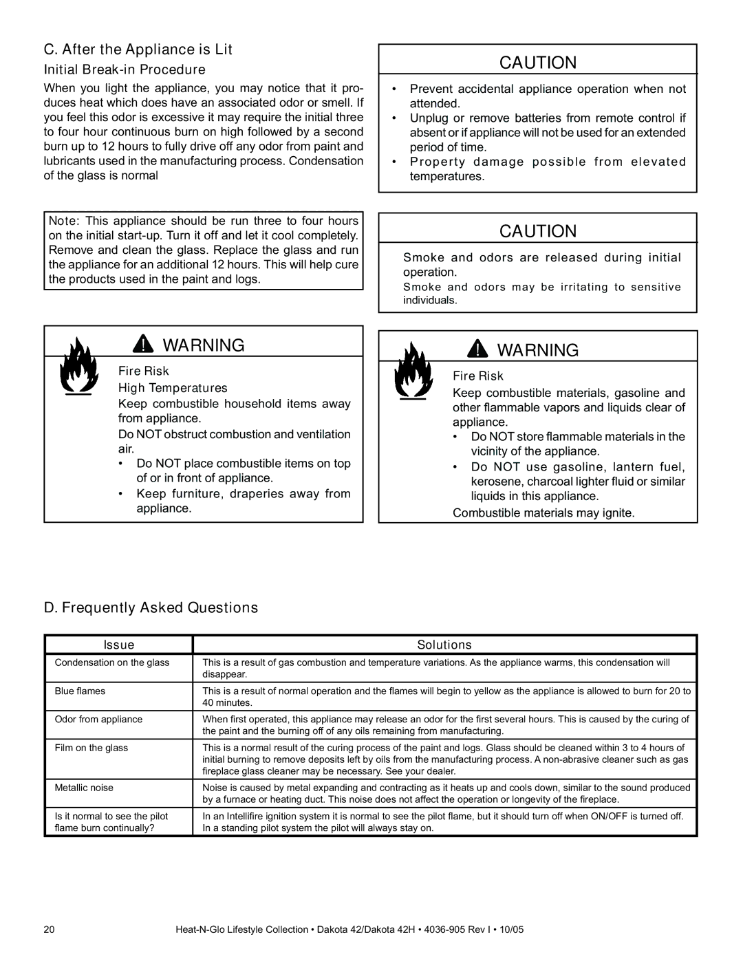 Heat & Glo LifeStyle DAKOTA 42 After the Appliance is Lit, Frequently Asked Questions, Initial Break-in Procedure 