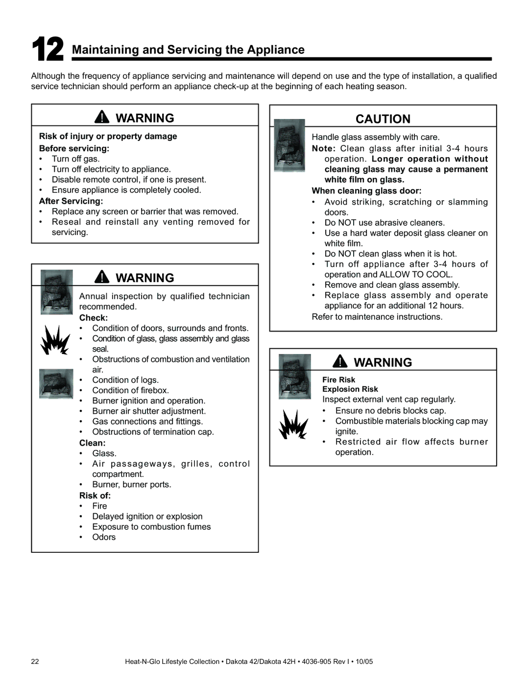 Heat & Glo LifeStyle DAKOTA 42H owner manual Maintaining and Servicing the Appliance 